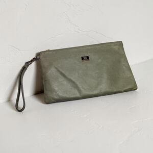 Ferchi Leather Wristlet Clutch Gray Minimal Zip Pouch Handbag Soft Leather